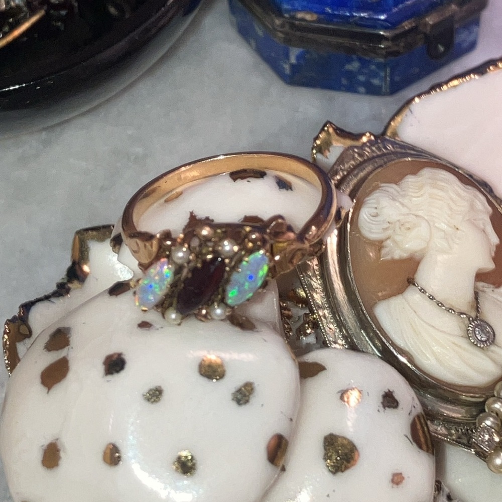 Antique 10k Gold Opal, Garnet & Seed Pearl Cluster Ring | Victorian-Edwardian - Picture 8 of 8